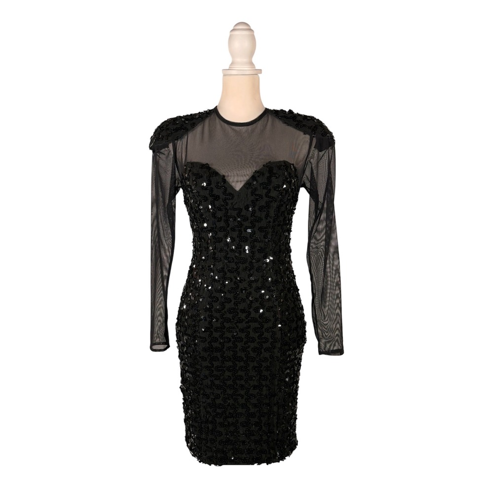 Vintage 80s 90s Black Sequins Dress M Sheer Sleeve Gothic Glam Dark Prom Siren